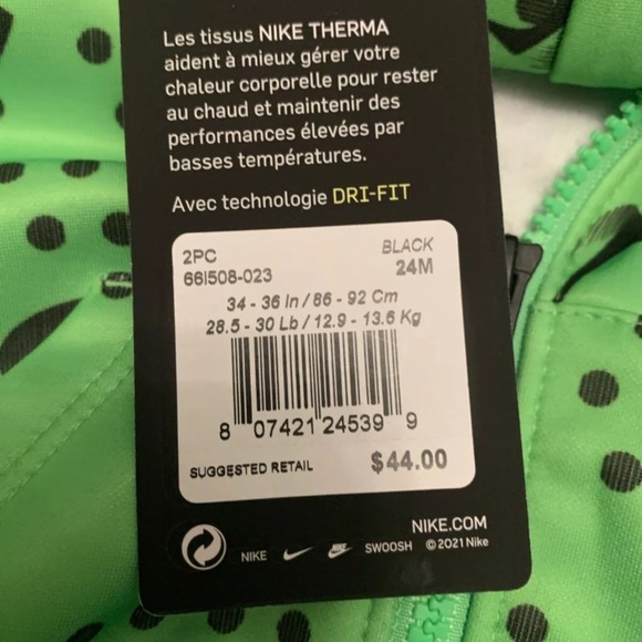Nike Dri-Fit Therma 2-piece Baby Sweat Pants And Zip Hoodie Green And Black 24M - Picture 5 of 12